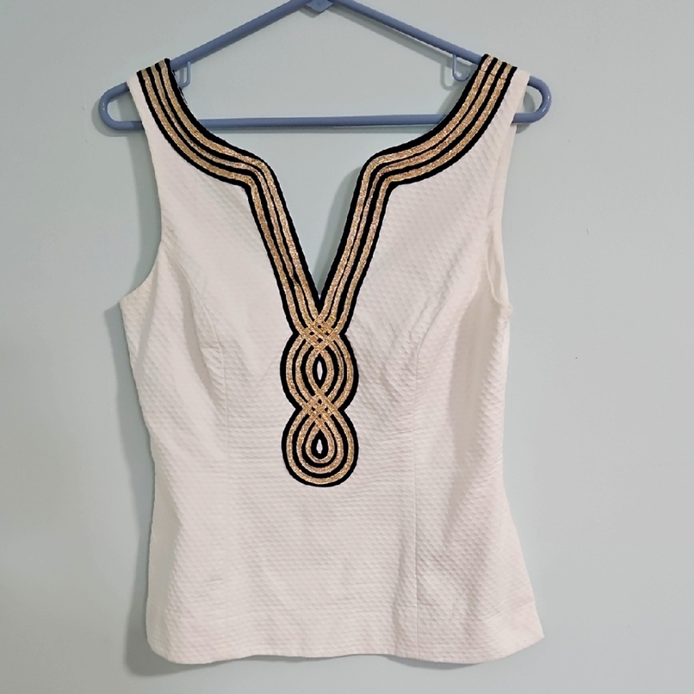 Lilly Pulitzer White Textured Tank with Gold & Navy V-Neck